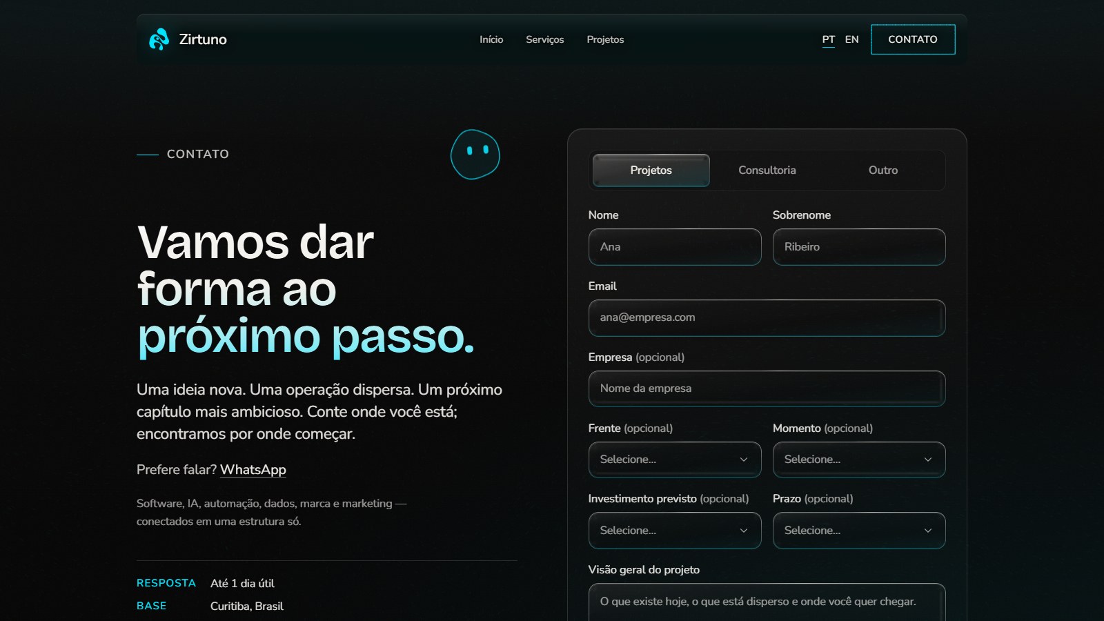 Página de contato da Zirtuno